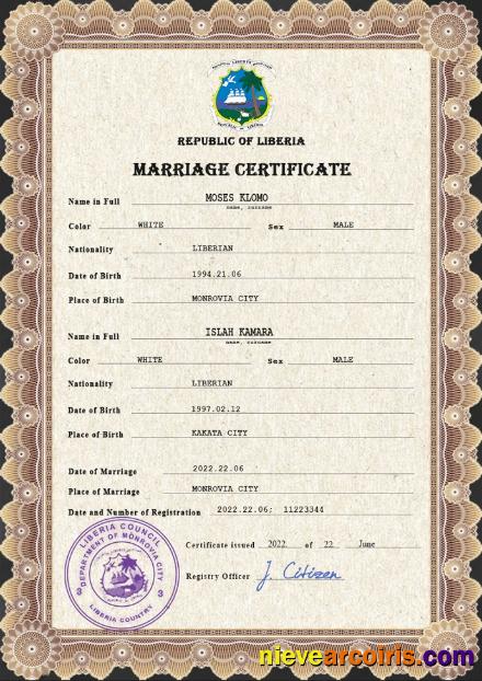Liberia marriage certificate